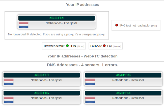 Connect, and then reload the ipleak.net page, and the test will be run again automatically.