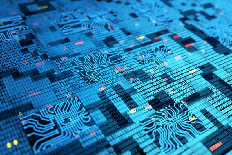 Stylized blue illustration of binary code and semiconductors.