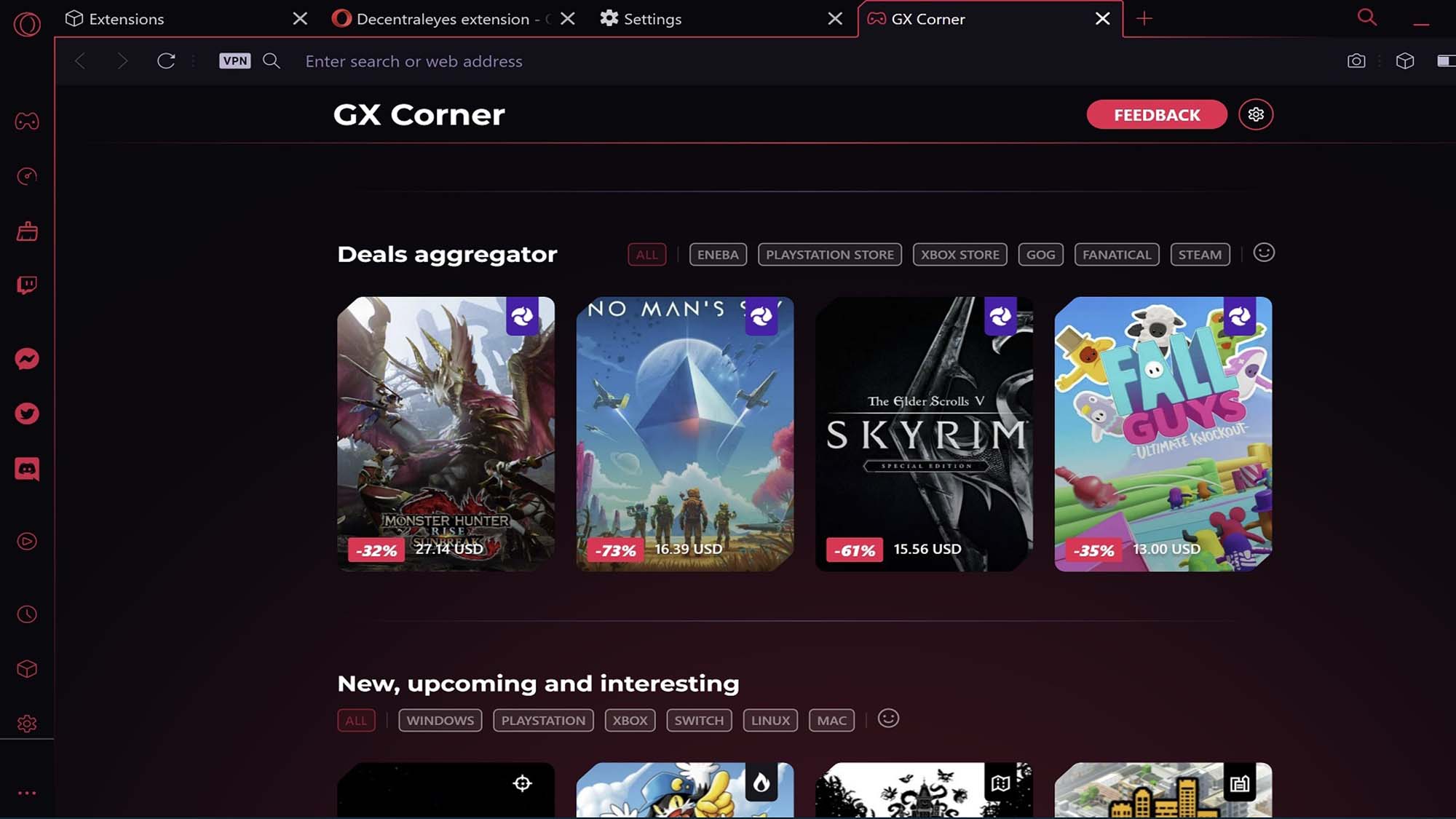 The Opera GX browser on a gaming PC