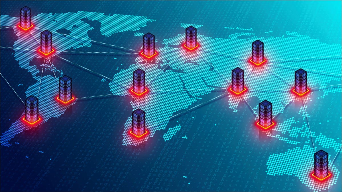 Servers connected across a world map.