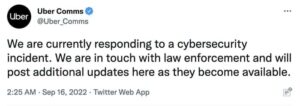 Uber Comms tweets about cybersecurity incident.