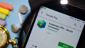 Kaspersky Secure Connection on app store on smartphone screen.