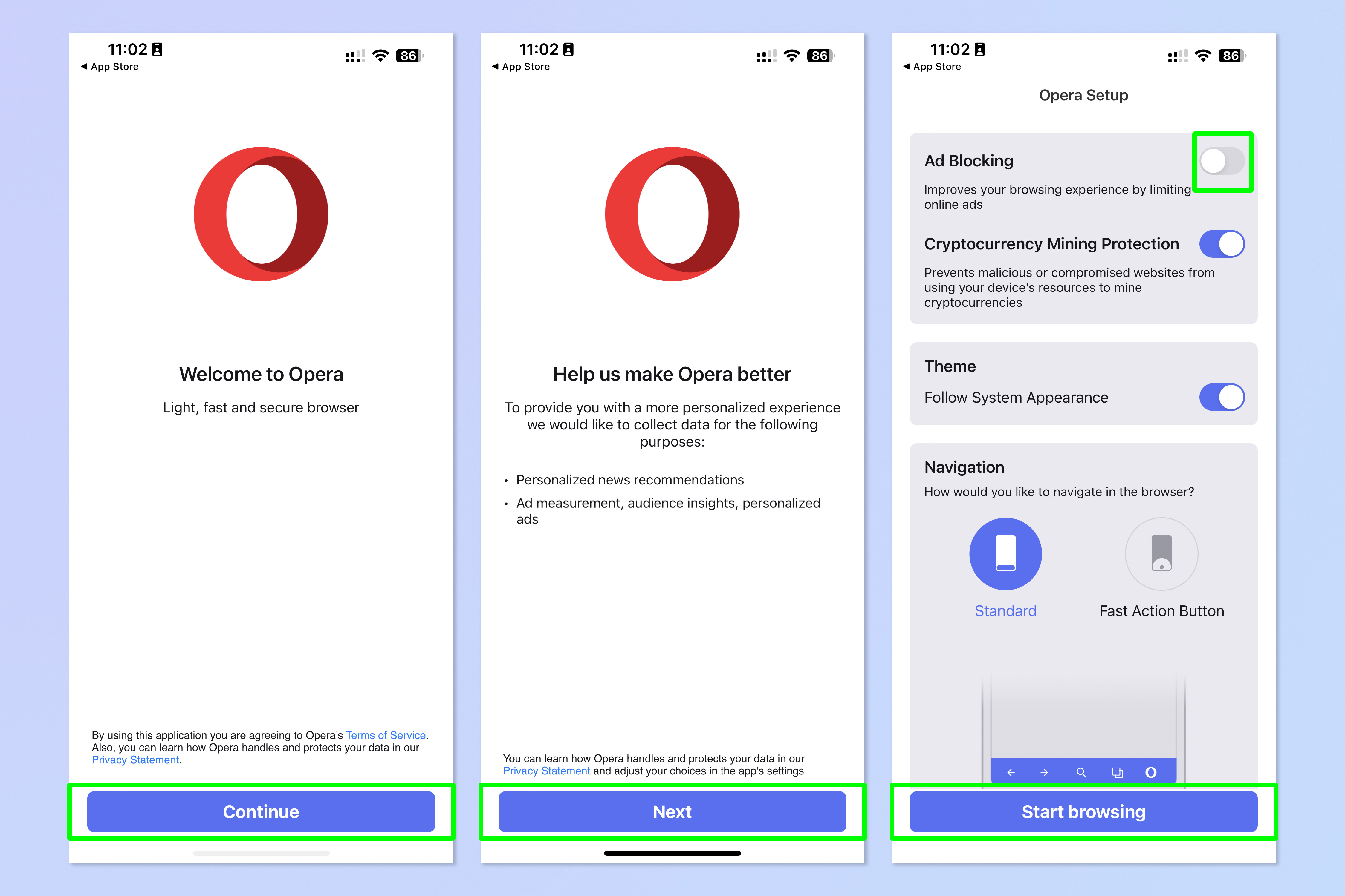 A screenshot showing the steps required to block ads on iPhone for free using Opera