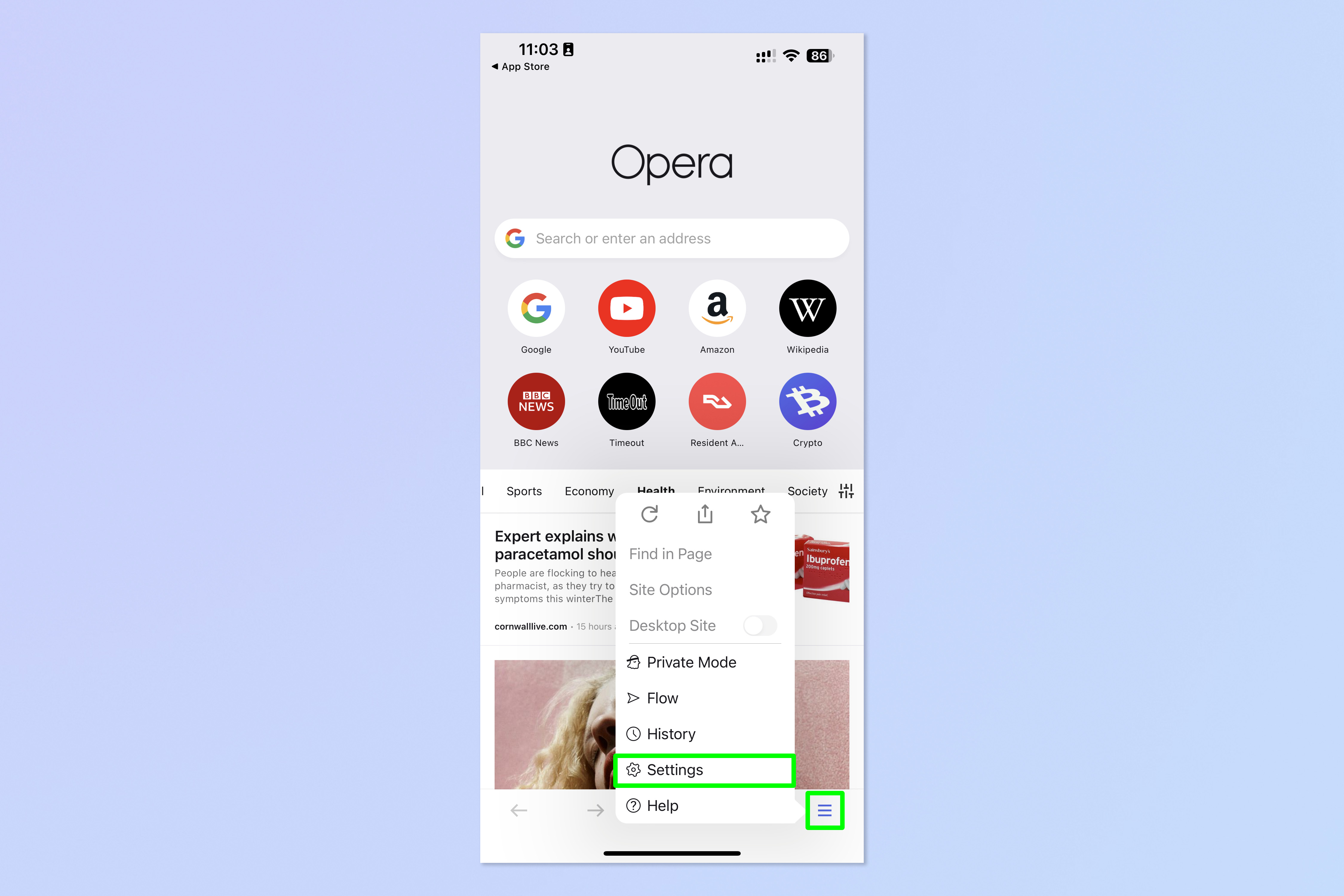 A screenshot showing the steps required to block ads on iPhone for free using Opera