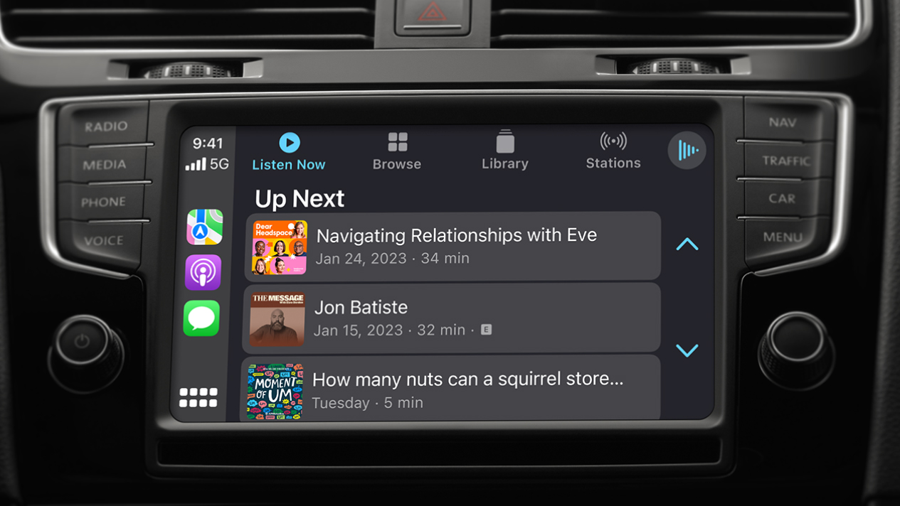 An in-car screen showing Podcasts on Apple CarPlay