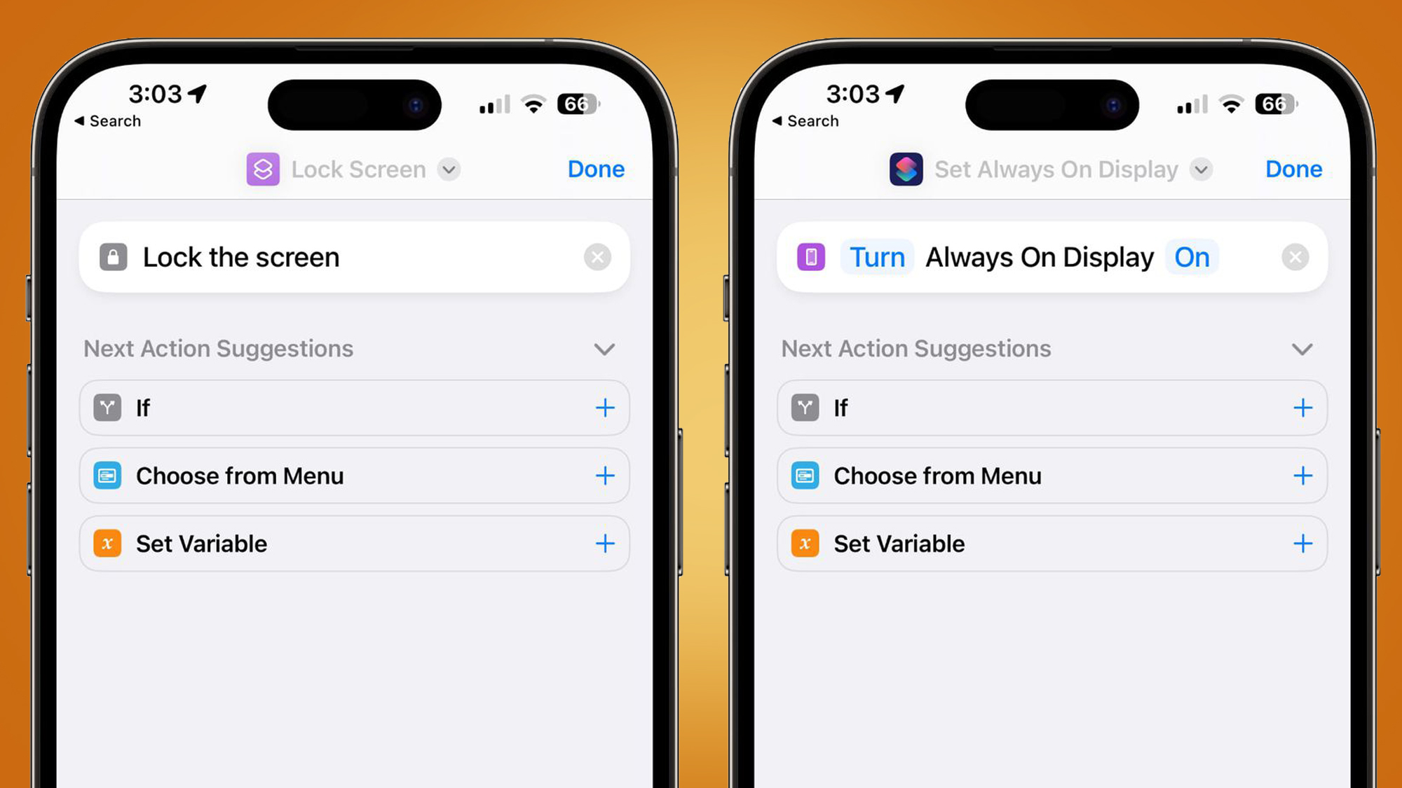 Two iPhones showing new options in Apple's Shortcuts app