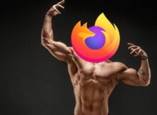 a person flexing their muscles, with the firefox logo covering their head