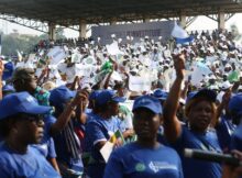 Supporters of Gabon President Ali Bongo Ondimba and the Gabonese Democratic Party are seen at the Nzang Ayong stadium in Libreville on July 10, 2023, a day after President Ali Bongo Ondimba announced that he would seek a third term as the oil-rich African nation