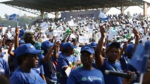 Supporters of Gabon President Ali Bongo Ondimba and the Gabonese Democratic Party are seen at the Nzang Ayong stadium in Libreville on July 10, 2023, a day after President Ali Bongo Ondimba announced that he would seek a third term as the oil-rich African nation