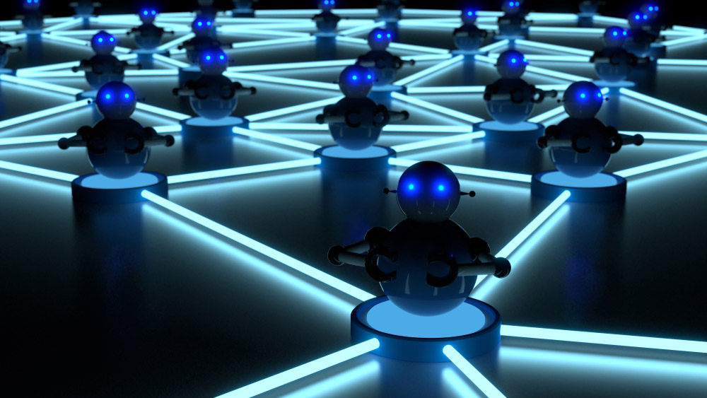 Stylized computer-aided illustration of interlinked blue robots illustrating the structure of a network botnet.
