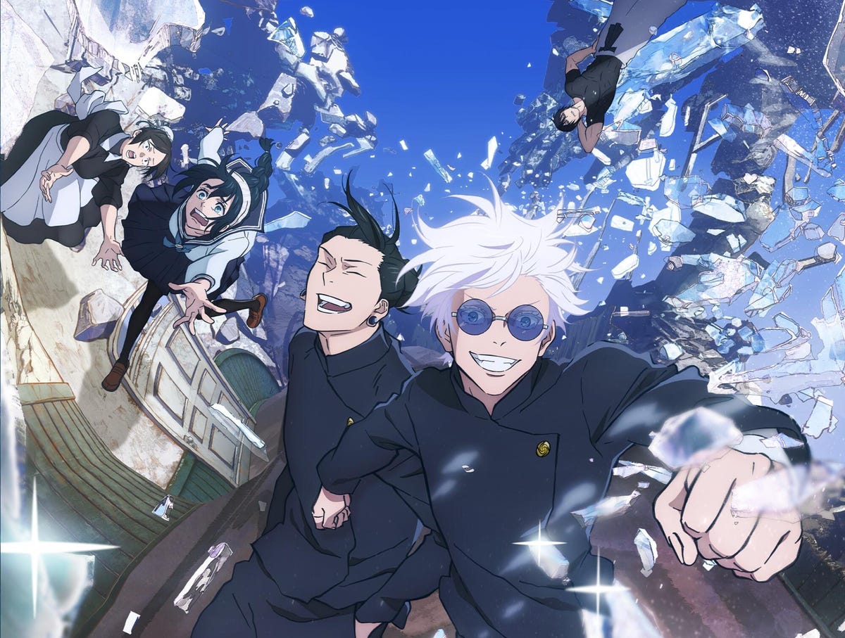animated characters in Jujutsu Kaisen smile as they power through ice