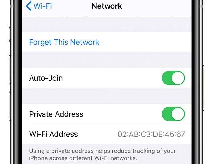 Private Wi-Fi address setting on an iPhone.