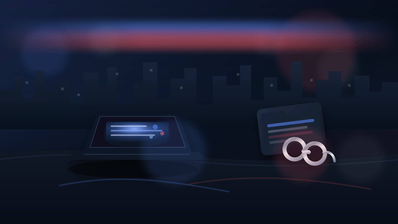 Newsroom-style illustration of a laptop, evidence folder, handcuffs, and police lights on a dark desk.