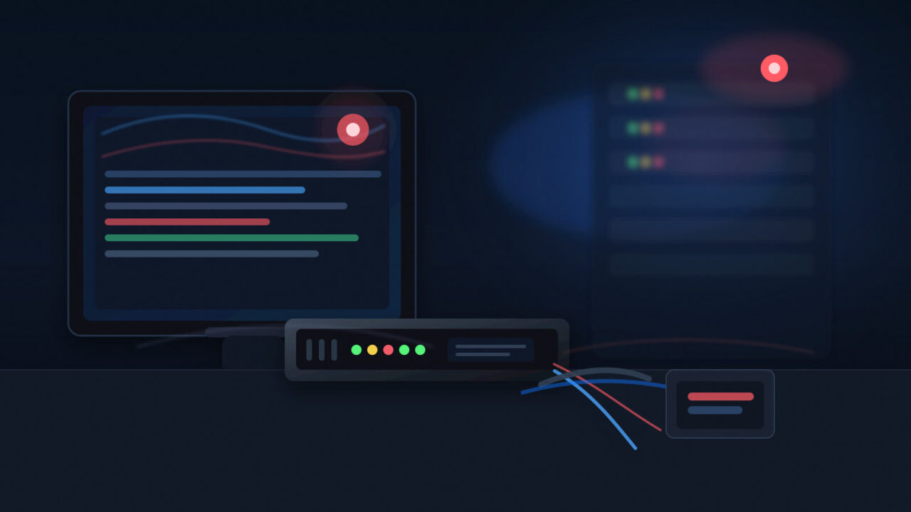Editorial illustration of a VPN appliance in a server room under incident lighting.