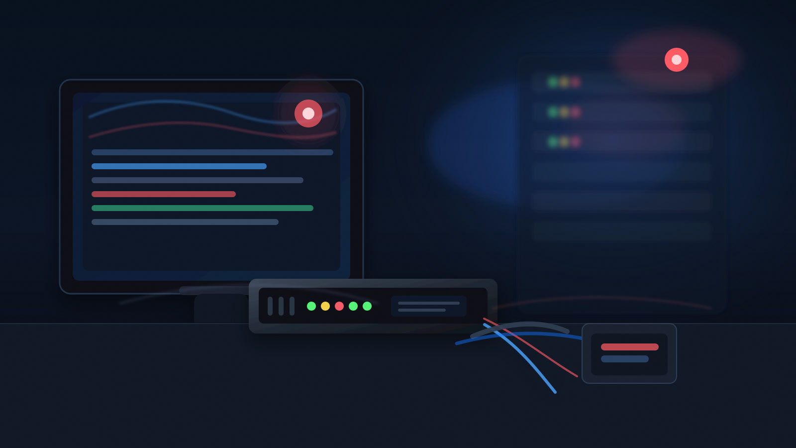 Editorial illustration of an Ivanti Connect Secure VPN appliance in a server room with incident lighting.