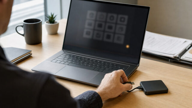 Conceptual office scene showing an administrator disconnecting a backup drive beside a laptop.