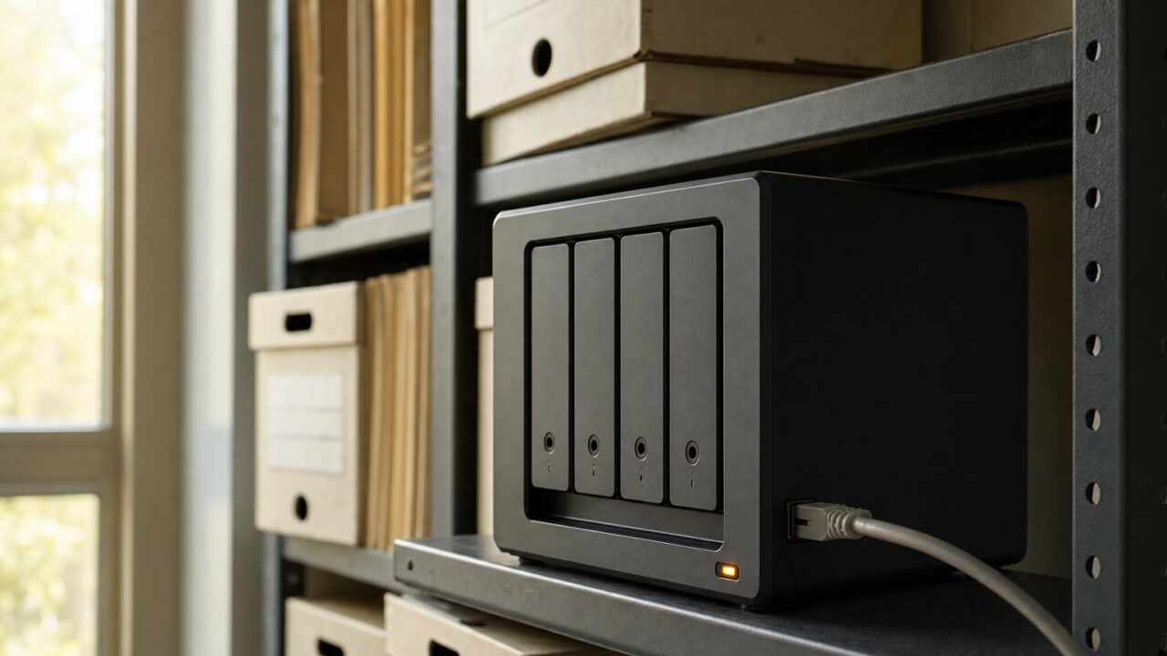 Conceptual image of a network storage appliance on a shelf beside archival records boxes.