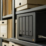 Conceptual image of a network storage appliance on a shelf beside archival records boxes.