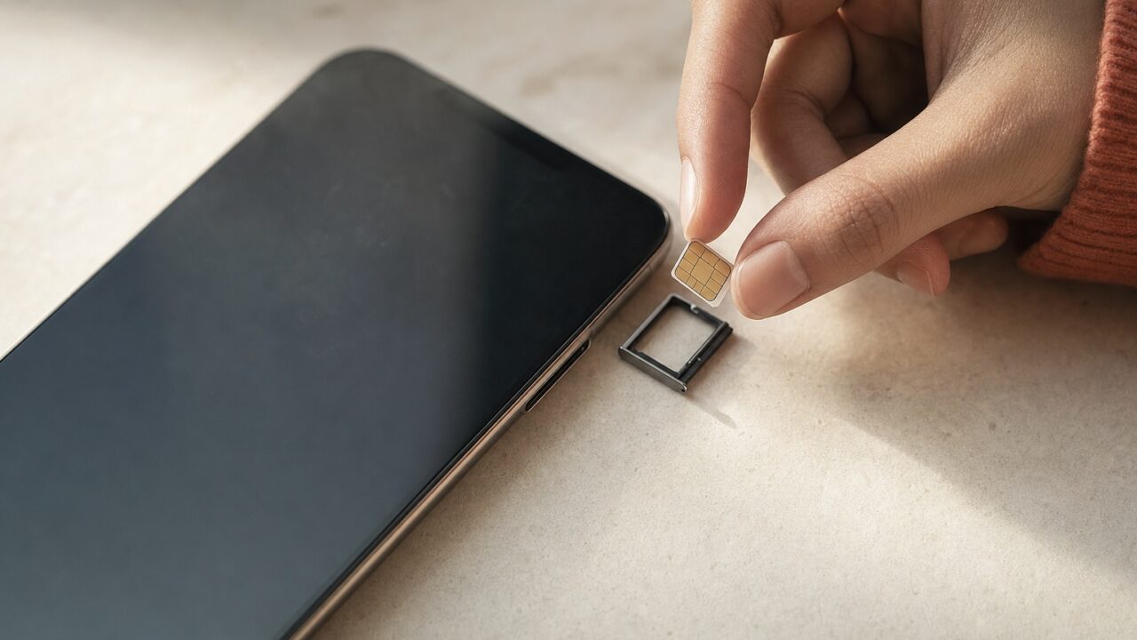 A hand holds a small SIM card beside an unbranded smartphone and its empty SIM tray.