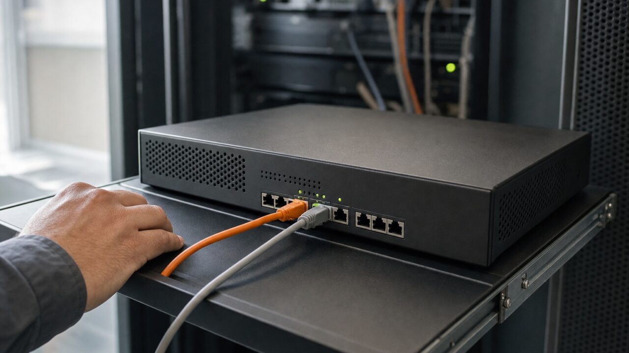 An unbranded firewall appliance on a maintenance shelf, with Ethernet cables leading toward server equipment.