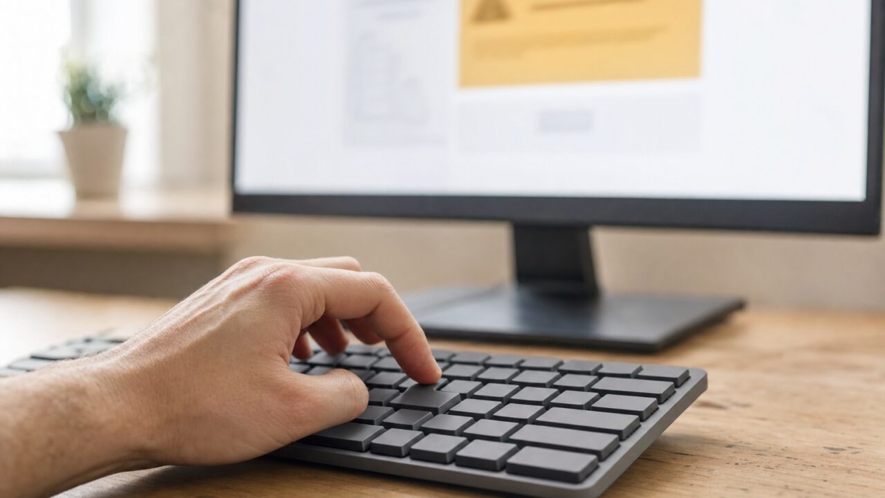 A hand pauses above a blank computer keyboard, with an out-of-focus amber browser warning on a monitor behind it.