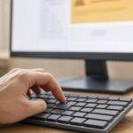A hand pauses above a blank computer keyboard, with an out-of-focus amber browser warning on a monitor behind it.