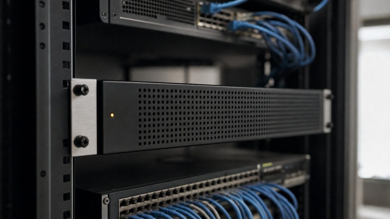 An unbranded rack-mounted server in sharp focus among networking switches and blue patch cables.