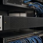 An unbranded rack-mounted server in sharp focus among networking switches and blue patch cables.