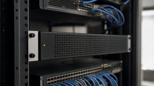 An unbranded rack-mounted server in sharp focus among networking switches and blue patch cables.