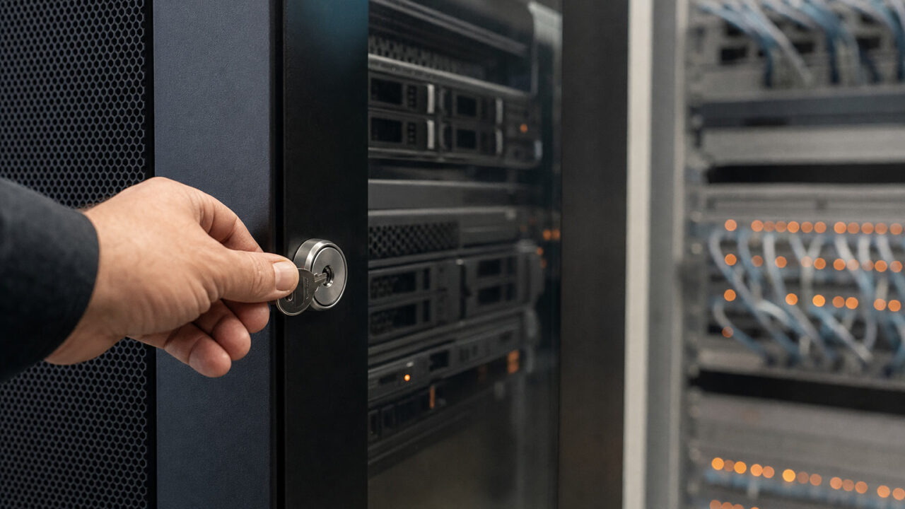 Conceptual photograph of an administrator turning a key in a server cabinet lock, representing access to network management infrastructure.