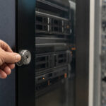 Conceptual photograph of an administrator turning a key in a server cabinet lock, representing access to network management infrastructure.