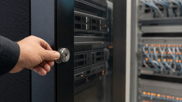 Conceptual photograph of an administrator turning a key in a server cabinet lock, representing access to network management infrastructure.