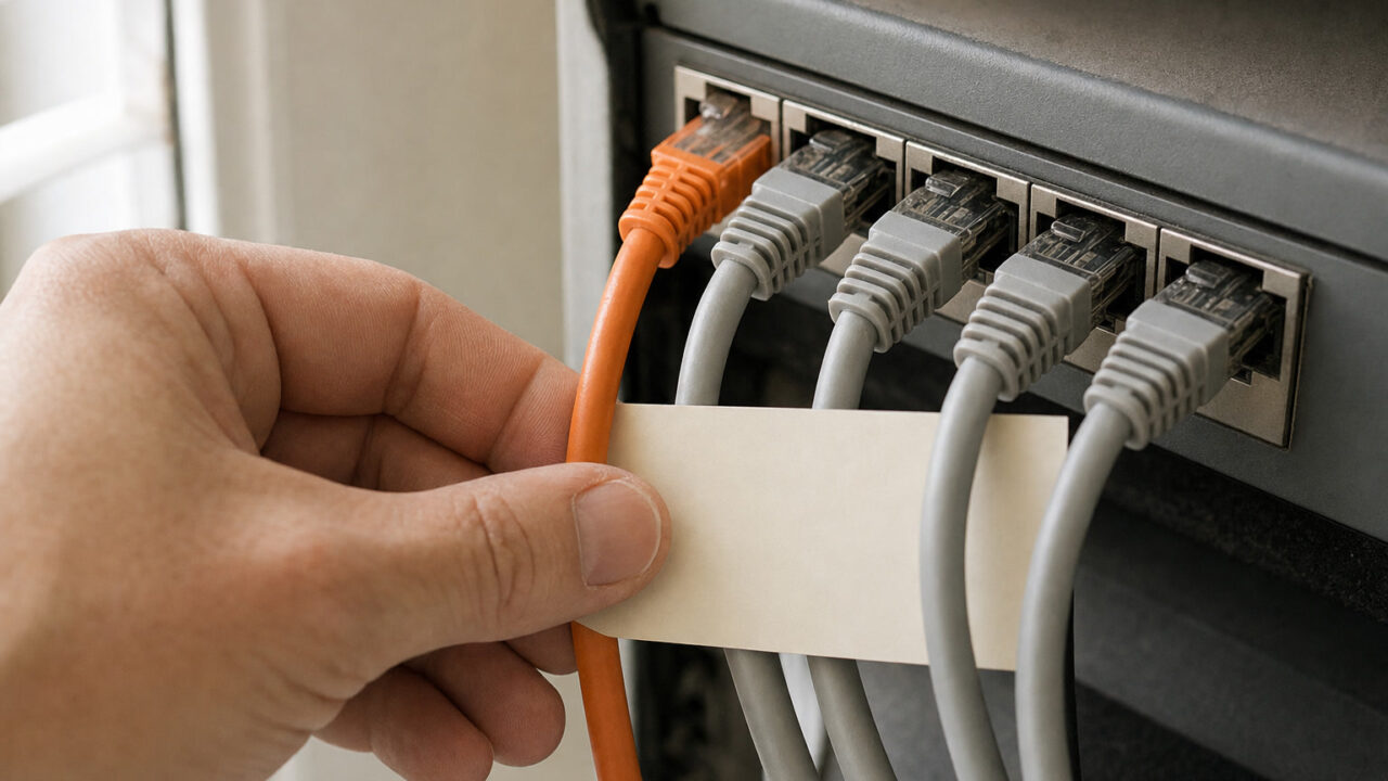 Conceptual scene of an administrator separating an orange network cable from grey patch cables while reviewing access paths.