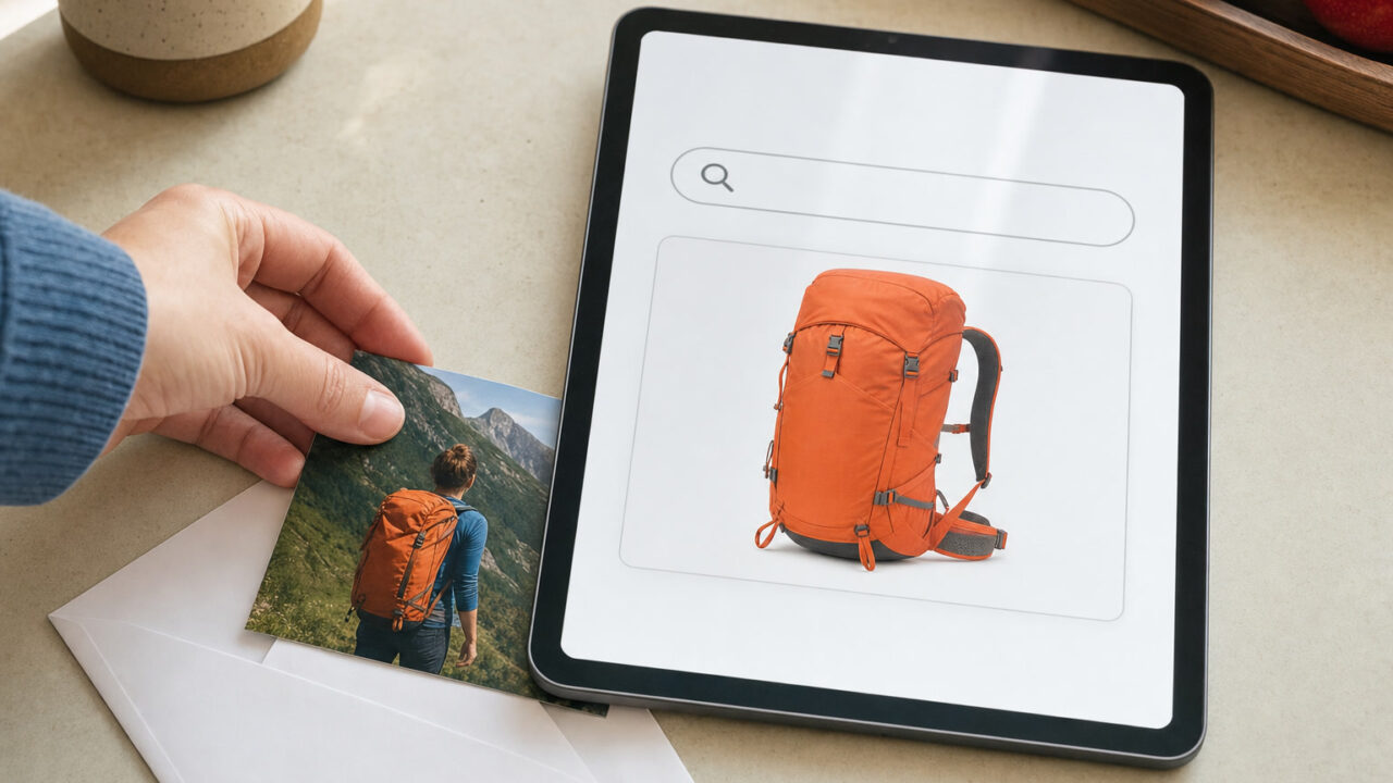 A hand places a vacation photo and envelope beside a tablet showing a similar hiking backpack in a generic shopping result, illustrating private-content insights used for advertising.