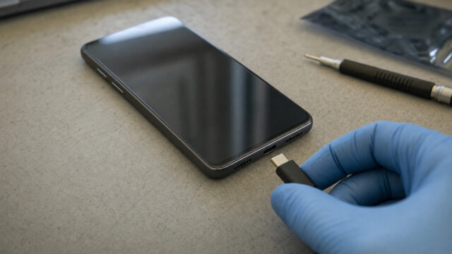 A blue-gloved hand holds a USB-C connector beside an unbranded smartphone on a device-examination mat, illustrating mobile spyware research.