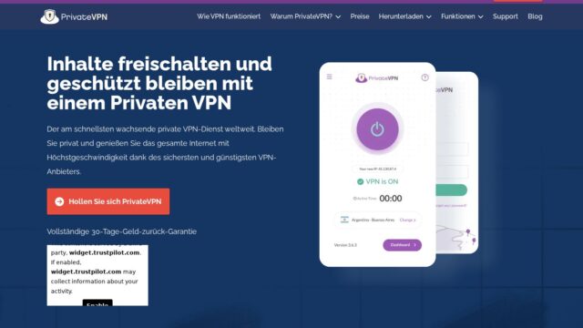 PrivateVPN official website screenshot